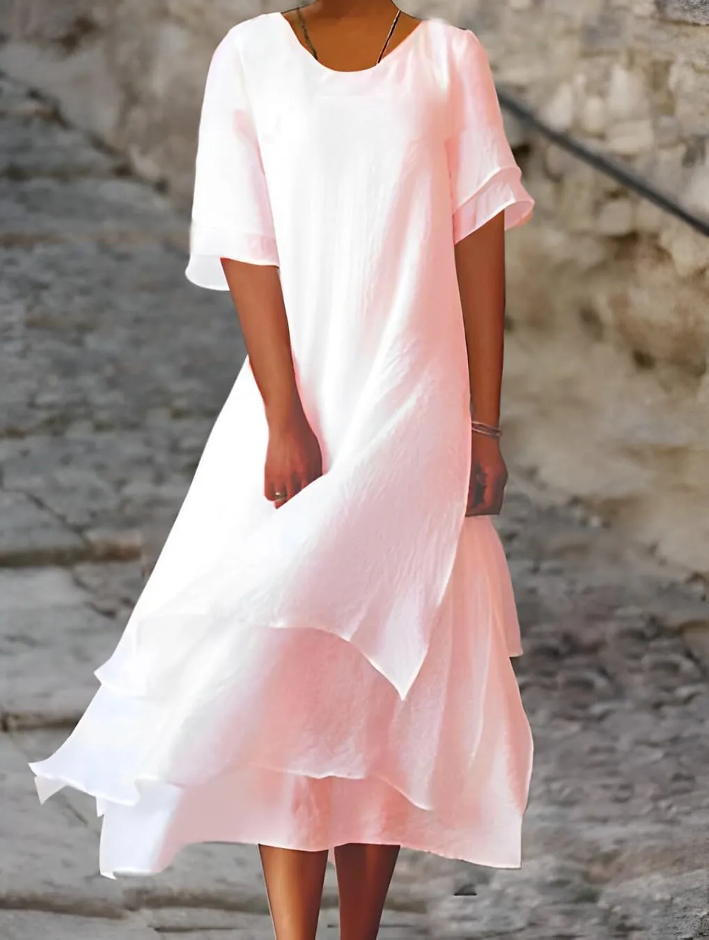 Akivide Women's Summer Flowy Tiered Layed Linen Maxi Dress Casual Loose A-Line Short Sleeve Sundress for Women 2024