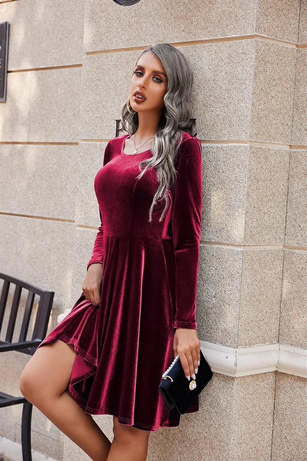 Chigant Women's Velvet Dress Long Sleeve Cocktail Christmas Party Club Dresses Flare Swing Mini Prom Dress for Wedding Guest