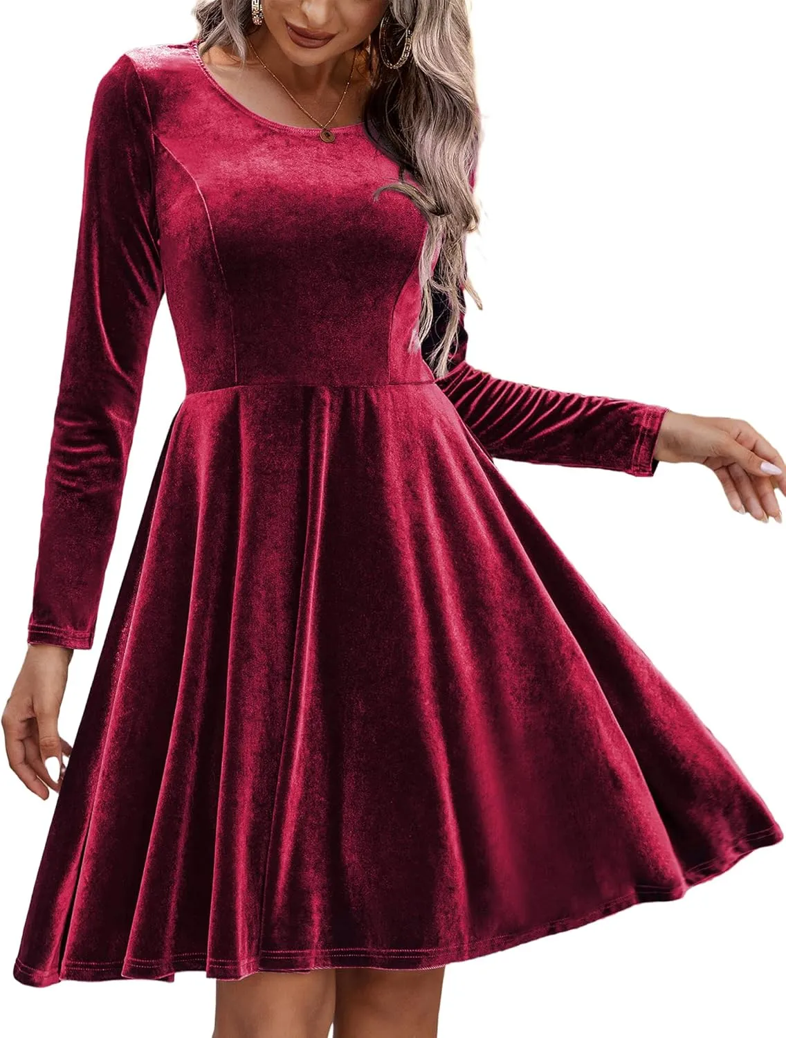 Chigant Women's Velvet Dress Long Sleeve Cocktail Christmas Party Club Dresses Flare Swing Mini Prom Dress for Wedding Guest