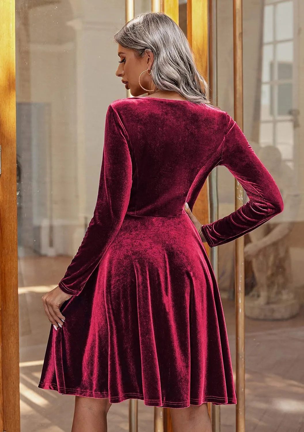Chigant Women's Velvet Dress Long Sleeve Cocktail Christmas Party Club Dresses Flare Swing Mini Prom Dress for Wedding Guest