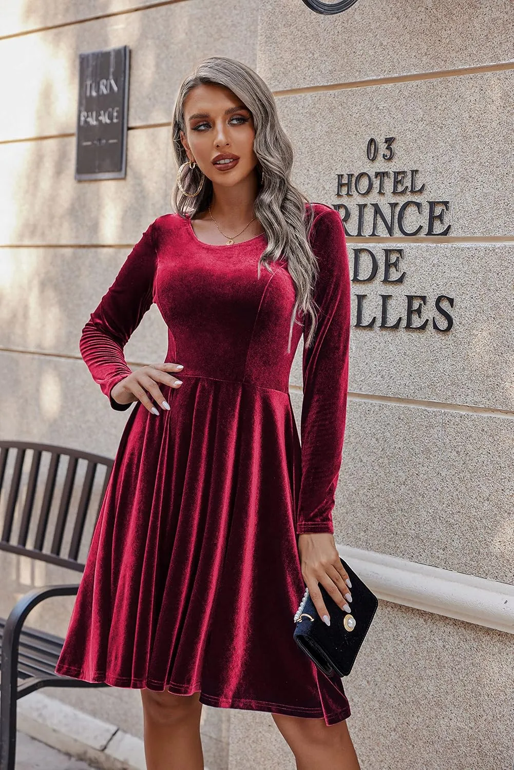 Chigant Women's Velvet Dress Long Sleeve Cocktail Christmas Party Club Dresses Flare Swing Mini Prom Dress for Wedding Guest