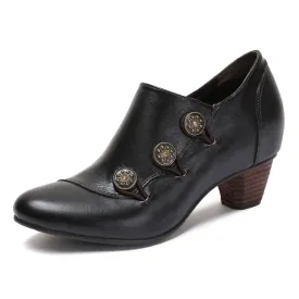 CrazycatZ Leather Pumps,Womens Colorful Vintage Block Heel Oxford Vintage Shoes Pumps Buttoned Deco Black