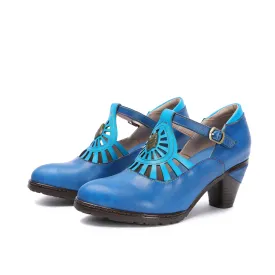 CrazycatZ Women's Leather Mary Jane Shoes Mary Jane Colorful Leather Oxfords Vintage Light Blue