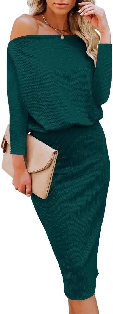 Ezbelle Women's Off The Shoulder 3/4 Sleeve Batwing HIPS-Wrap Pencil Party Sexy Bodycon Midi Dress Loose
