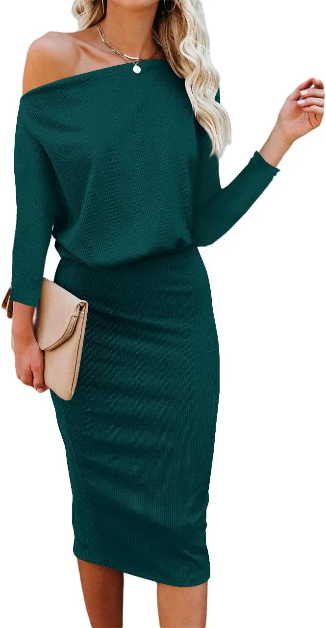 Ezbelle Women's Off The Shoulder 3/4 Sleeve Batwing HIPS-Wrap Pencil Party Sexy Bodycon Midi Dress Loose