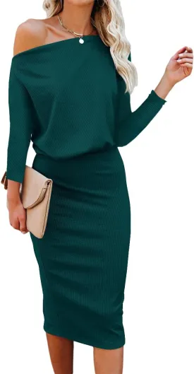 Ezbelle Women's Off The Shoulder 3/4 Sleeve Batwing HIPS-Wrap Pencil Party Sexy Bodycon Midi Dress Loose