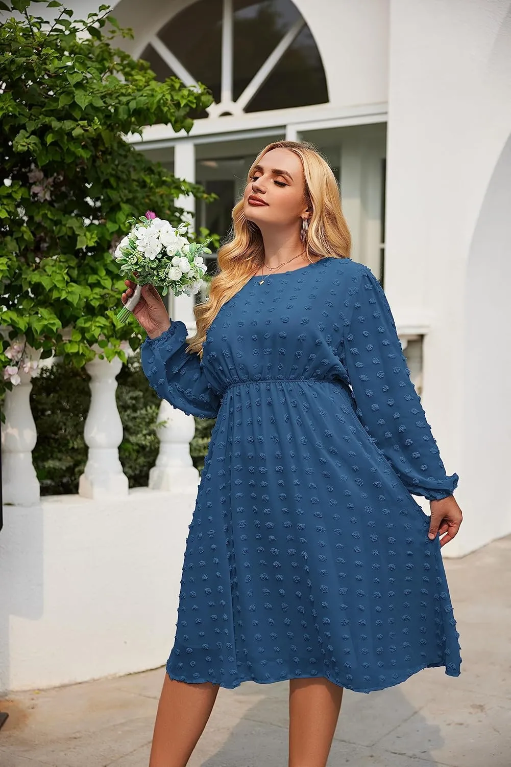 IN'VOLAND Women's Plus Size Swiss Dot Long Sleeve Chiffon Dress Flowy High Waist A Line Ruffle Babydoll Midi Dresses 16W-24W