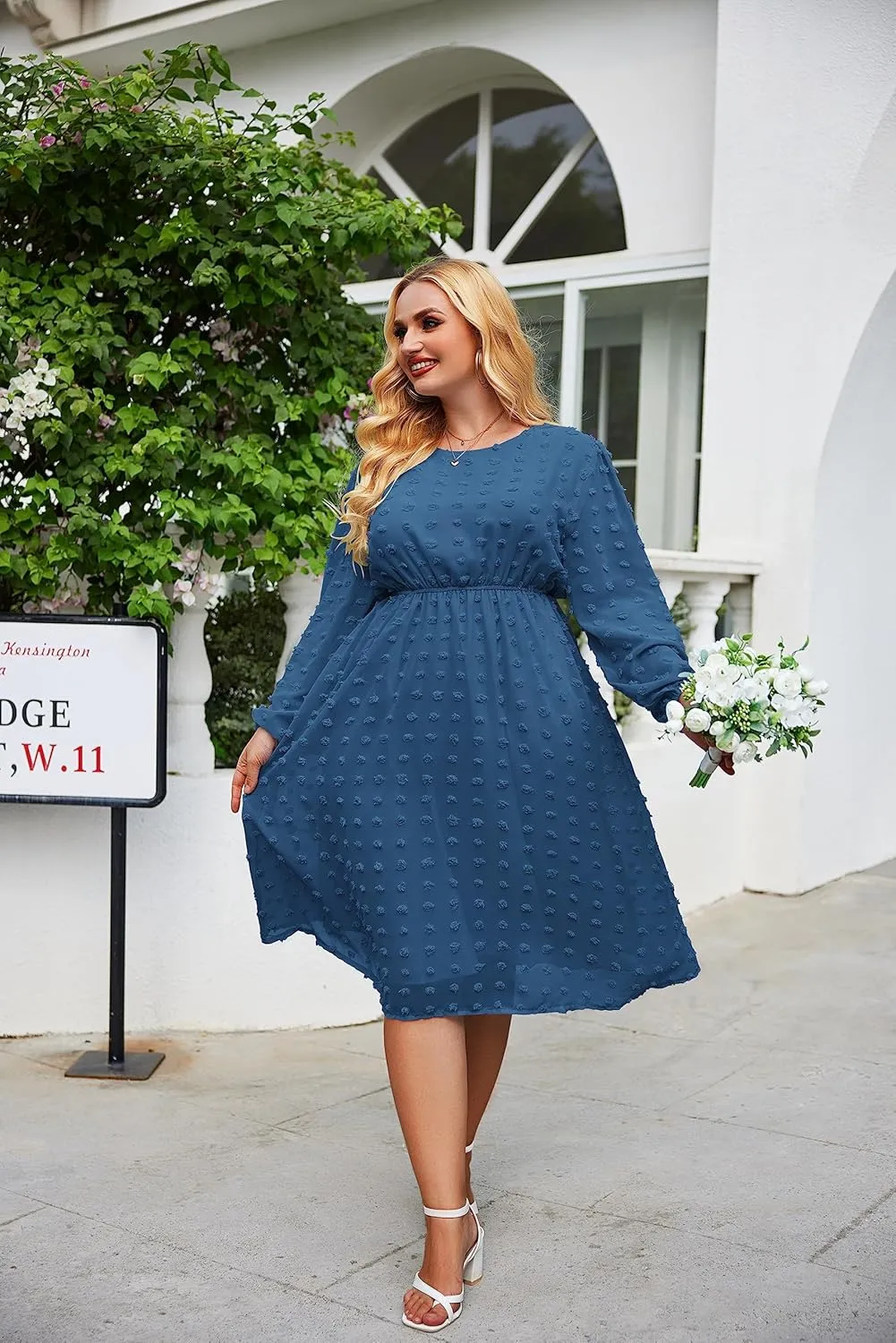 IN'VOLAND Women's Plus Size Swiss Dot Long Sleeve Chiffon Dress Flowy High Waist A Line Ruffle Babydoll Midi Dresses 16W-24W
