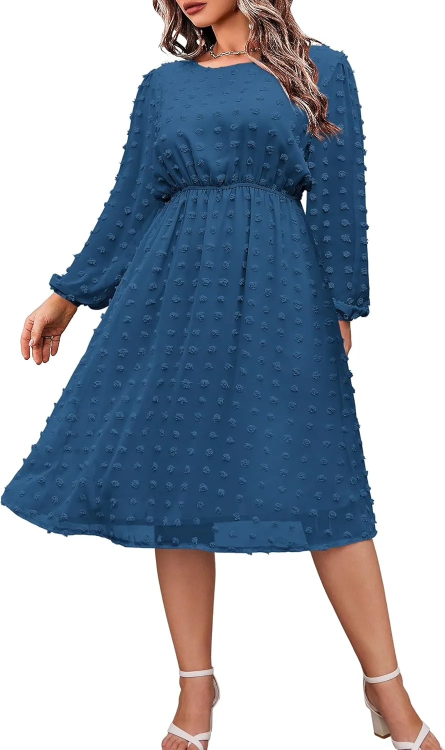 IN'VOLAND Women's Plus Size Swiss Dot Long Sleeve Chiffon Dress Flowy High Waist A Line Ruffle Babydoll Midi Dresses 16W-24W