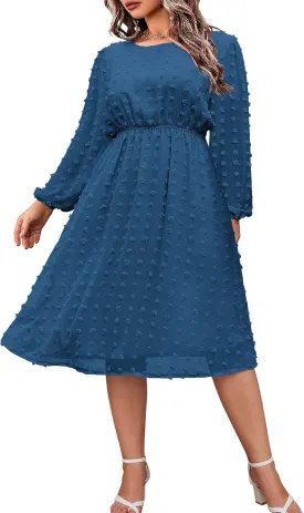 IN'VOLAND Women's Plus Size Swiss Dot Long Sleeve Chiffon Dress Flowy High Waist A Line Ruffle Babydoll Midi Dresses 16W-24W