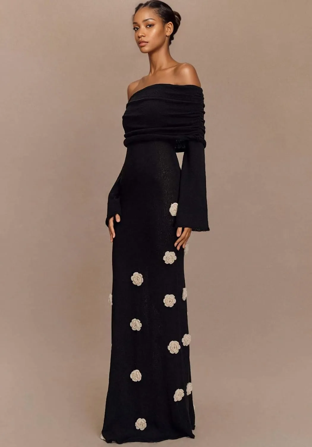 LETSVDO Women's Off The Shoulder Crochet Maxi Dress Long Sleeve Bodycon 3D Floral Knit Mesh Sweater Sexy Party Dresses
