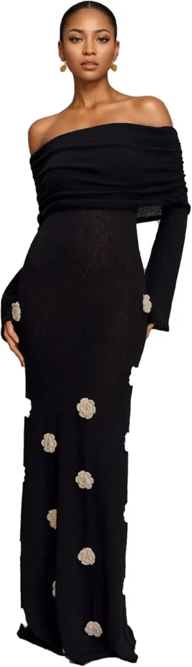 LETSVDO Women's Off The Shoulder Crochet Maxi Dress Long Sleeve Bodycon 3D Floral Knit Mesh Sweater Sexy Party Dresses