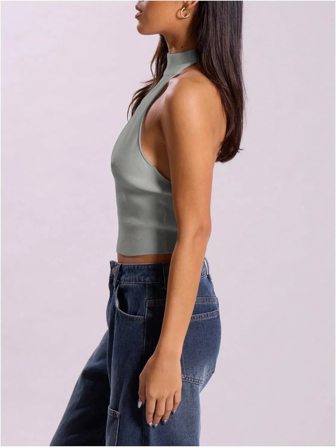 MakeMeChic Women's Mock Neck Sweater Halter Backless Rib Knit Fitted Crop Tops