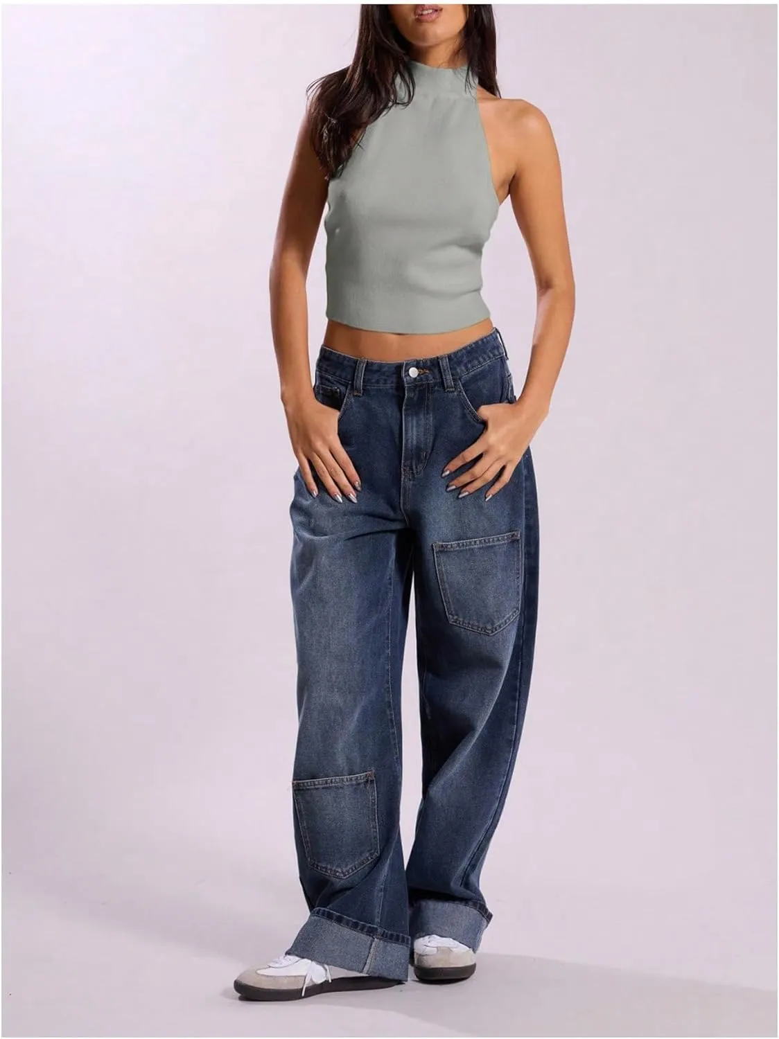 MakeMeChic Women's Mock Neck Sweater Halter Backless Rib Knit Fitted Crop Tops