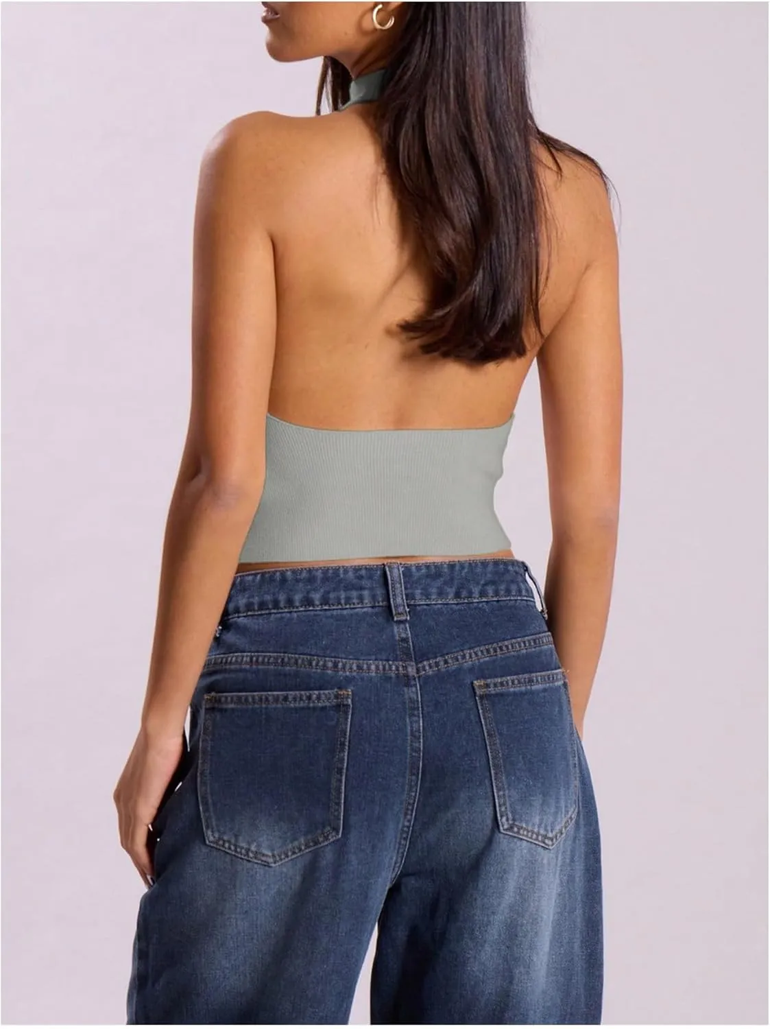 MakeMeChic Women's Mock Neck Sweater Halter Backless Rib Knit Fitted Crop Tops