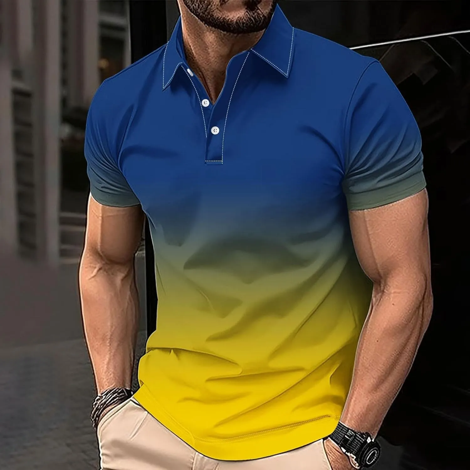 Mens Casual Polo Shirts Gradient Color Button up Short Sleeve T-Shirt Novelty Summer Fitness Gym Athletic Active Tops