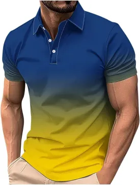 Mens Casual Polo Shirts Gradient Color Button up Short Sleeve T-Shirt Novelty Summer Fitness Gym Athletic Active Tops