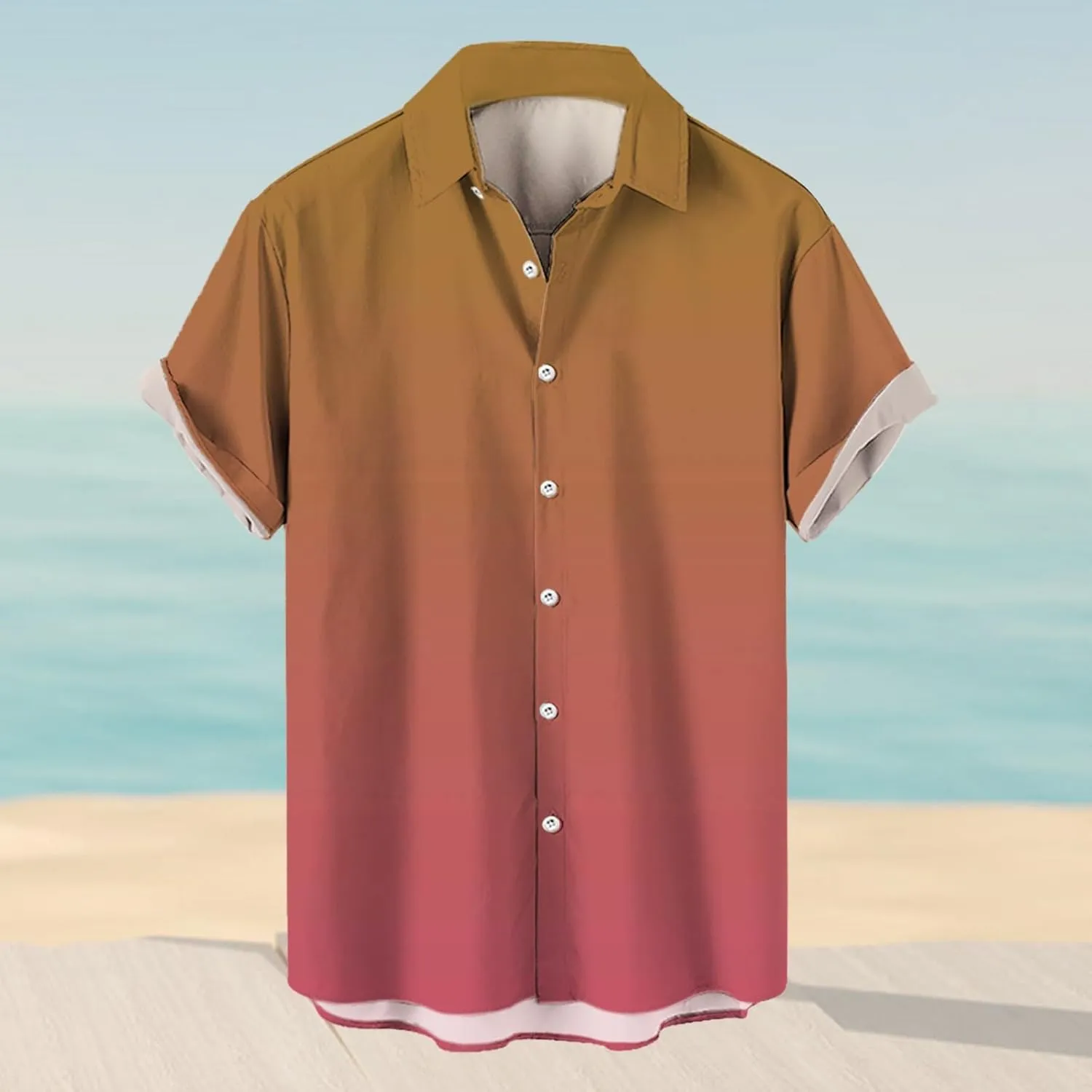 Mens Short Sleeve Button Down Shirts Casual Gradient Collarled T-Shirts Lightweight Summer Hawaiian Beach Hippie Tops