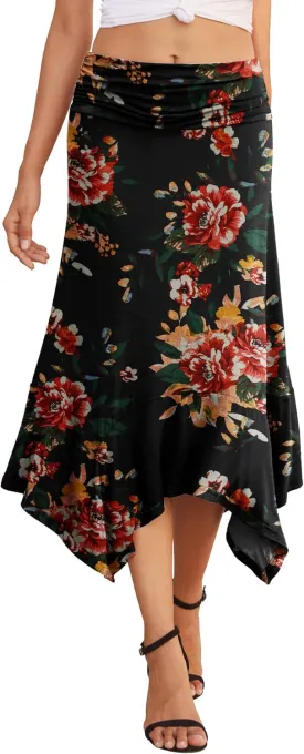 PrinStory Women's Casual Elegant Flowy Handkerchief Hemline Midi Skirt