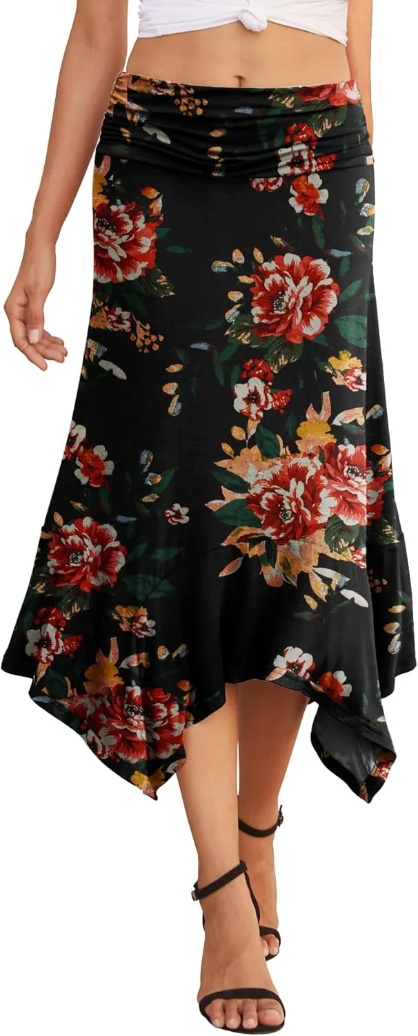 PrinStory Women's Casual Elegant Flowy Handkerchief Hemline Midi Skirt