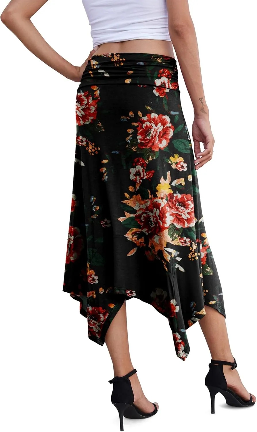 PrinStory Women's Casual Elegant Flowy Handkerchief Hemline Midi Skirt