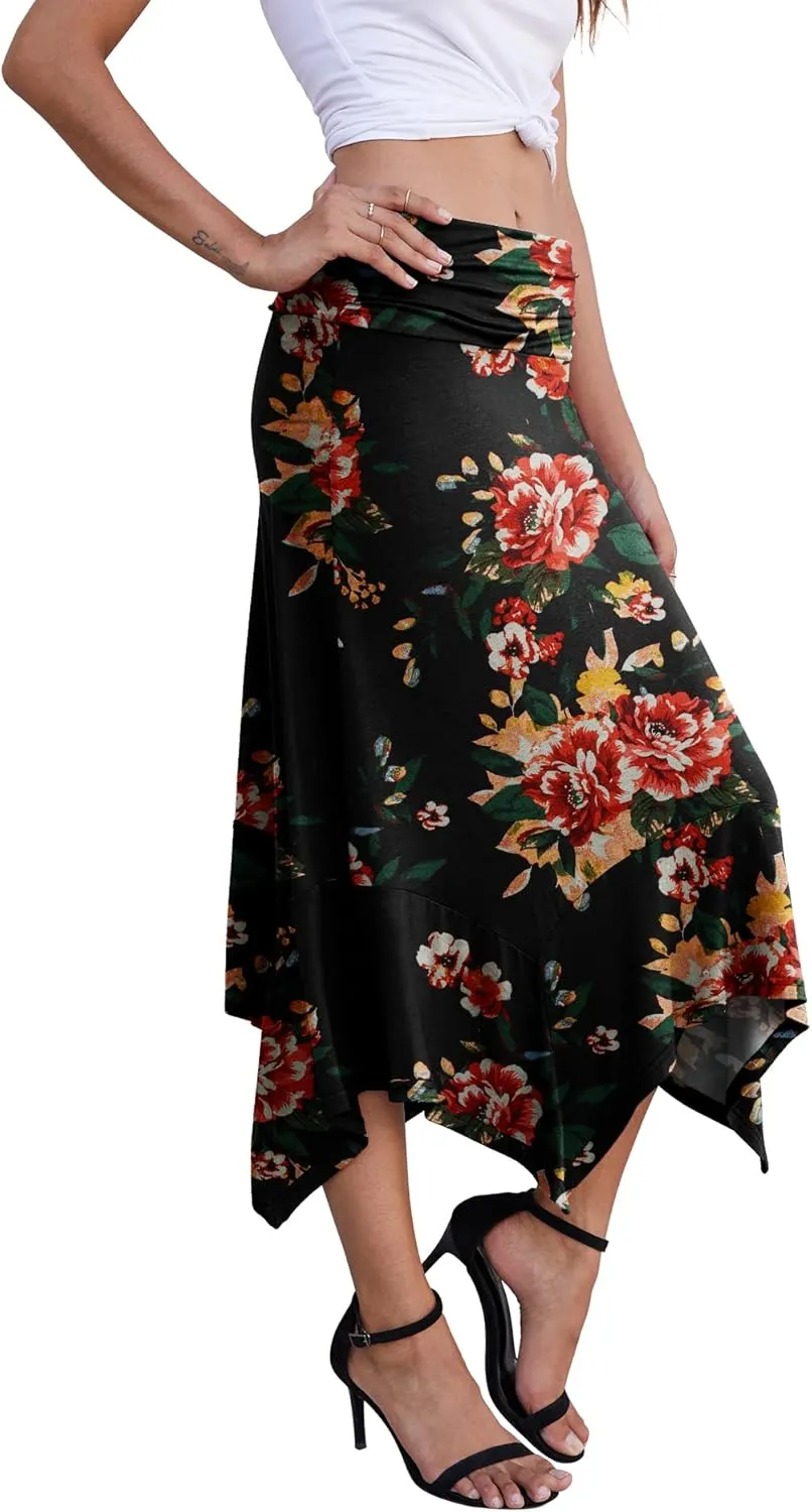 PrinStory Women's Casual Elegant Flowy Handkerchief Hemline Midi Skirt
