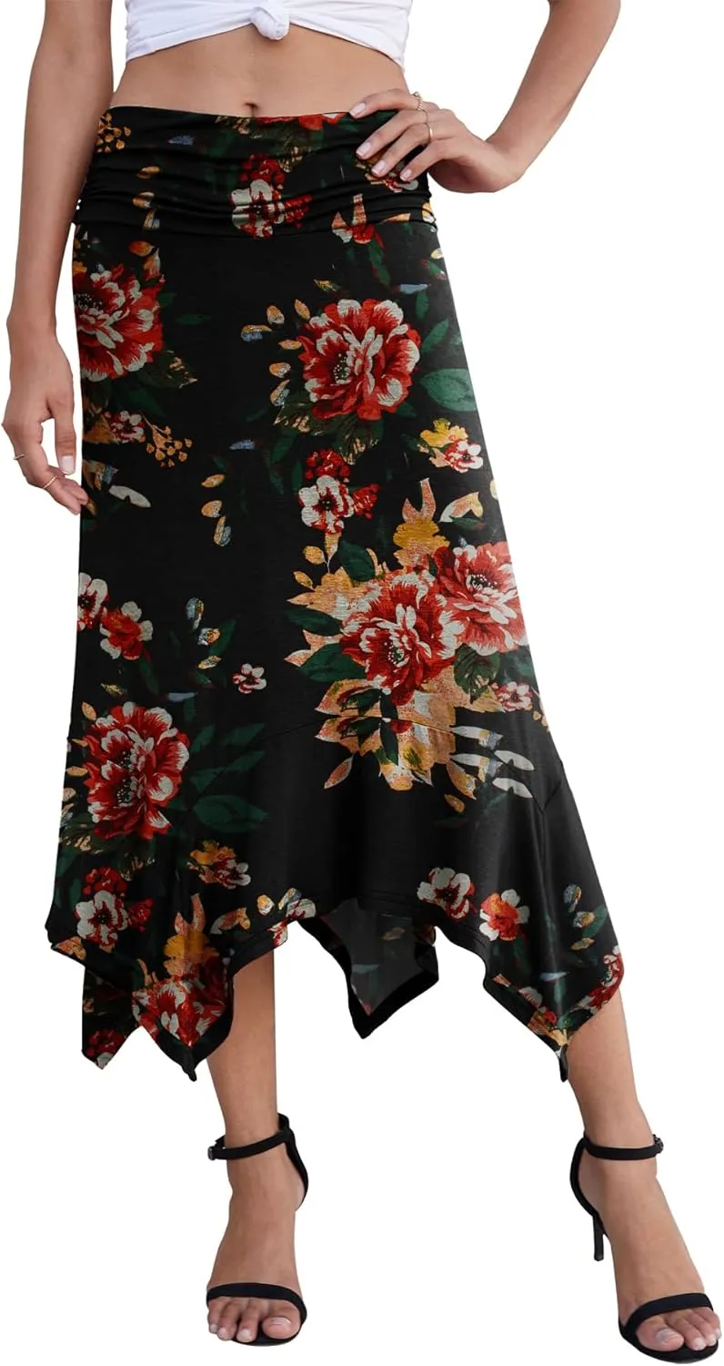 PrinStory Women's Casual Elegant Flowy Handkerchief Hemline Midi Skirt