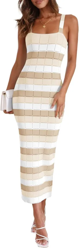 Saodimallsu Womens Striped Bodycon Midi Dress Sleeveless Square Neck Color Block Knit Summer Tank Dresses