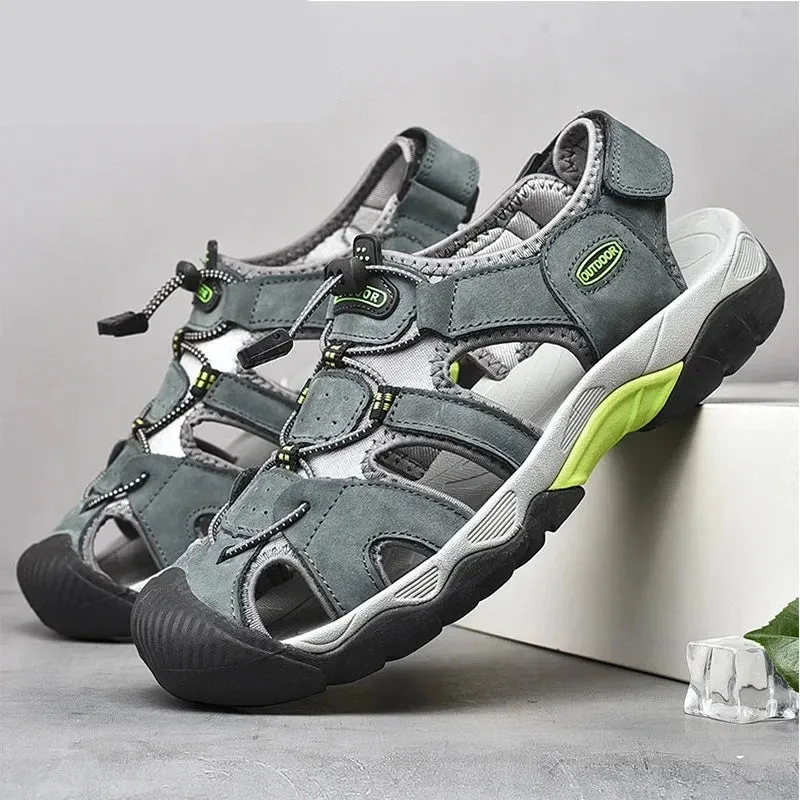 Summer Designer Men Genuine Leather Sandals Hook & Loop Outside Men Cow Leather Soft-Soled Non-slip Male Casual Sandals