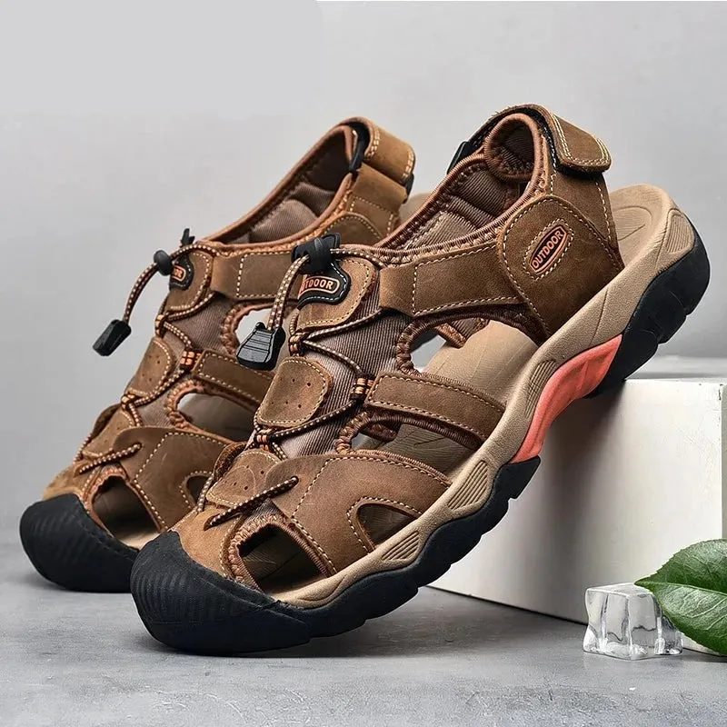 Summer Designer Men Genuine Leather Sandals Hook & Loop Outside Men Cow Leather Soft-Soled Non-slip Male Casual Sandals
