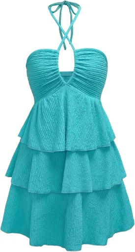 Verdusa Women's Wedding Guest Prom Halter Dress Tiered Layered Textured Backless Flowy Short Summer Dress