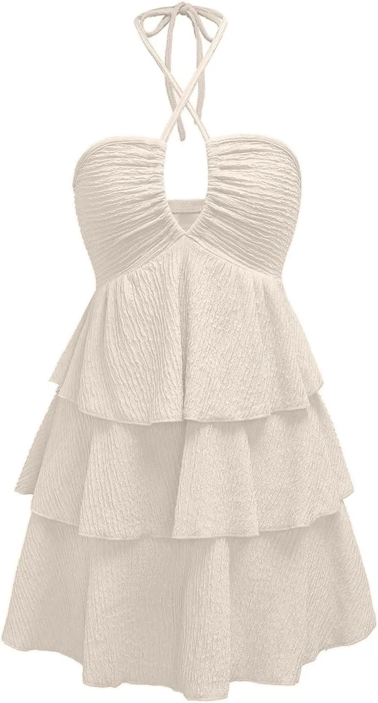 Verdusa Women's Wedding Guest Prom Halter Dress Tiered Layered Textured Backless Flowy Short Summer Dress