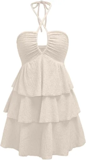 Verdusa Women's Wedding Guest Prom Halter Dress Tiered Layered Textured Backless Flowy Short Summer Dress